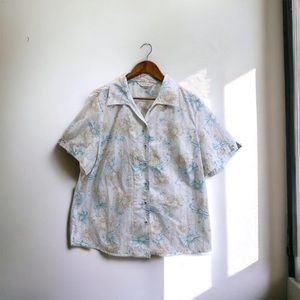 Allison Daley Top Hawaiian SZ 16 Blue Floral Print Button Down Short Sleeve VTG